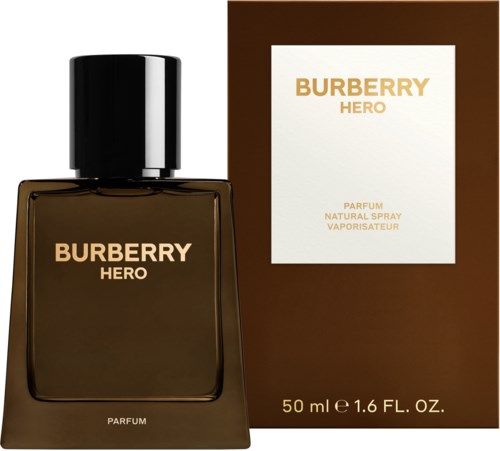Ein Burberry Hero Parfümflasche und Paket, braune und beige Farben, mit goldener Schrift, zeigt Luxusmarke.