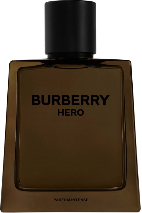 Dunkle braune Parfümflasche mit schwarzem Deckel, beschriftet mit 'BURBERRY HERO' und 'PARFUM INTENSE'.