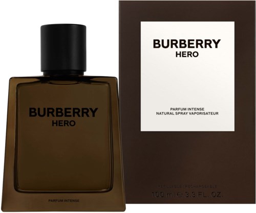 Ein Burberry-Hero-Parfümflasche mit passender Schachtel, dunkelbraune Flasche und schlichtem Design.