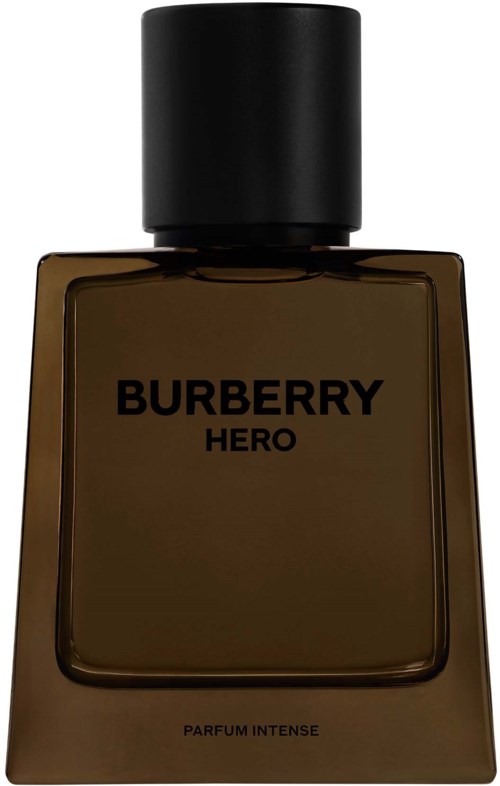 Eine braune Parfümflasche mit schwarzem Deckel, beschriftet mit 'BURBERRY HERO'. Unten steht 'Parfum Intense'.
