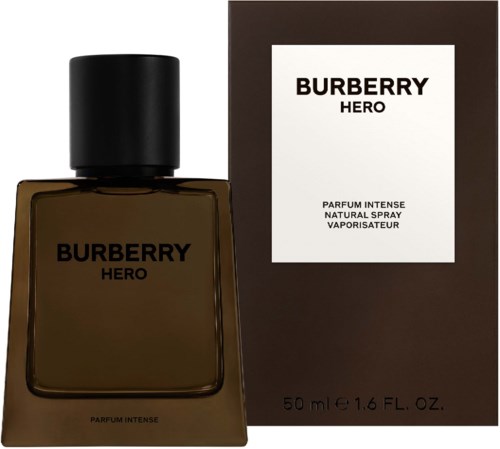 Ein dunkler Glasparfümflasche mit der Aufschrift Burberry Hero neben der Verpackung.