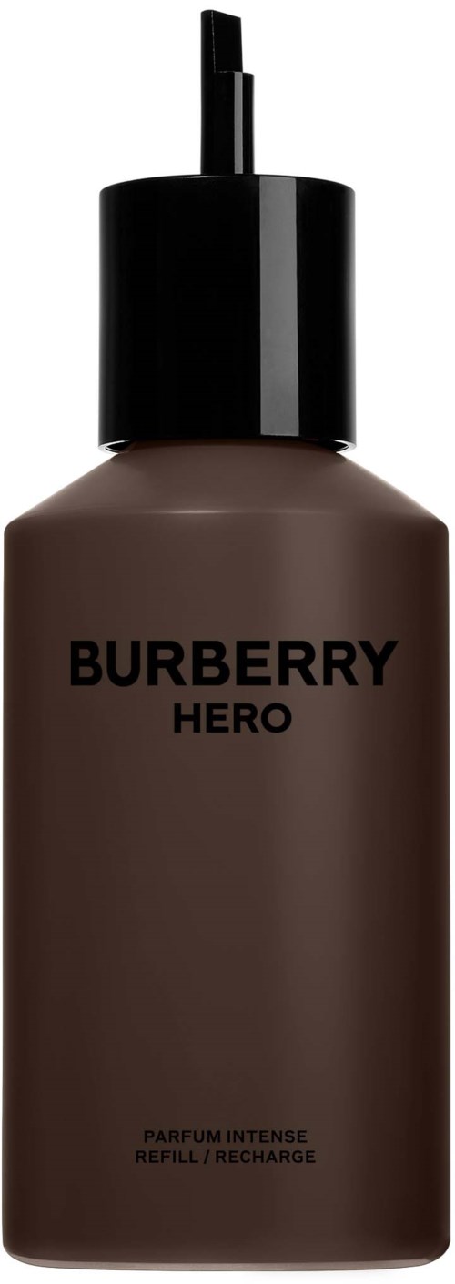 Eine braune Flasche mit schwarzem Deckel, beschriftet 'BURBERRY HERO' und 'PARFUM INTENSE' zum Nachfüllen.