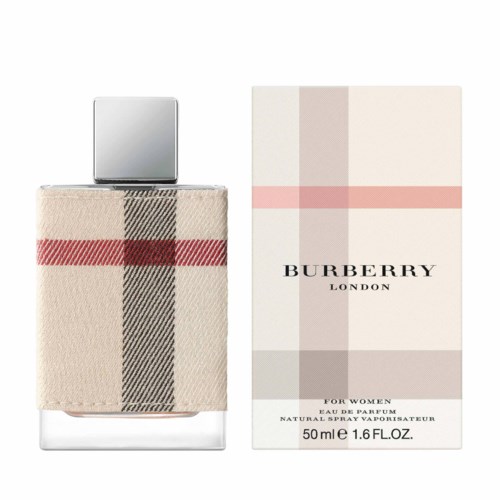 Een parfumfles met een patroon en een doos met Burberry-logo en ontwerp.