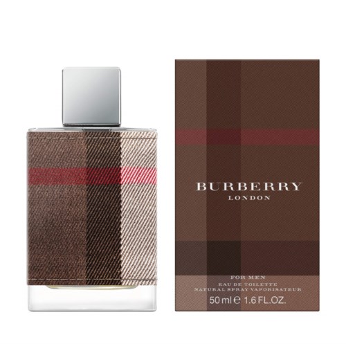 Eine Flasche Burberry London Parfüm und die Schachtel mit braunem Karo-Design und rotem Streifen.