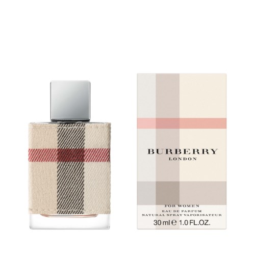 En parfymflaska framför sin box, båda med beige och röd rutmönster. Boxen har 'Burberry London' skrivet på.