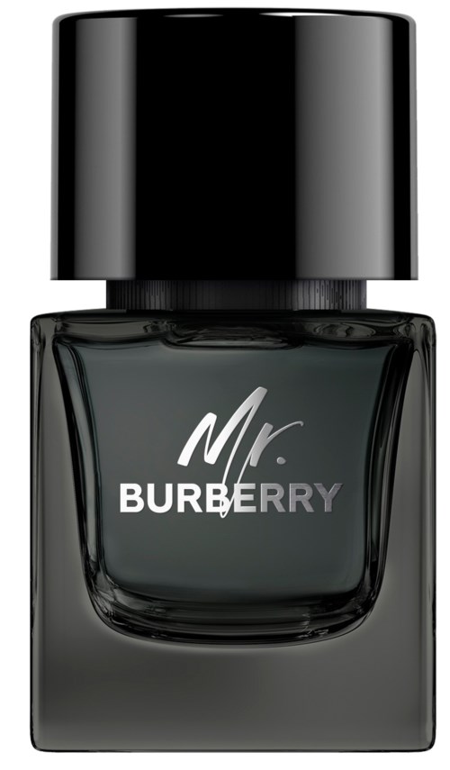 Eine dunkle Flasche mit schwarzem Verschluss, gekennzeichnet 'Mr. BURBERRY', wahrscheinlich ein Parfüm oder Cologne. Schlankes und stilvolles Design.