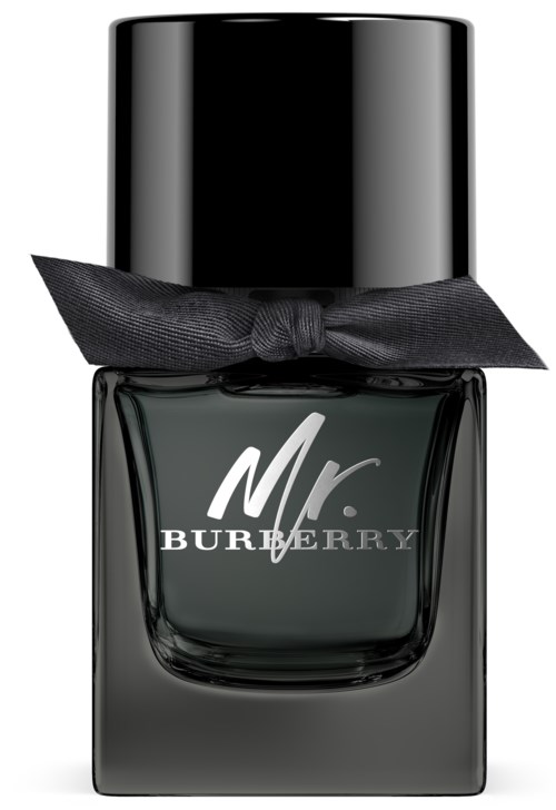 Eine schwarze Nagellackflasche mit schwarzem Band, beschriftet 'Mr. BURBERRY', wirkt elegant und stilvoll.