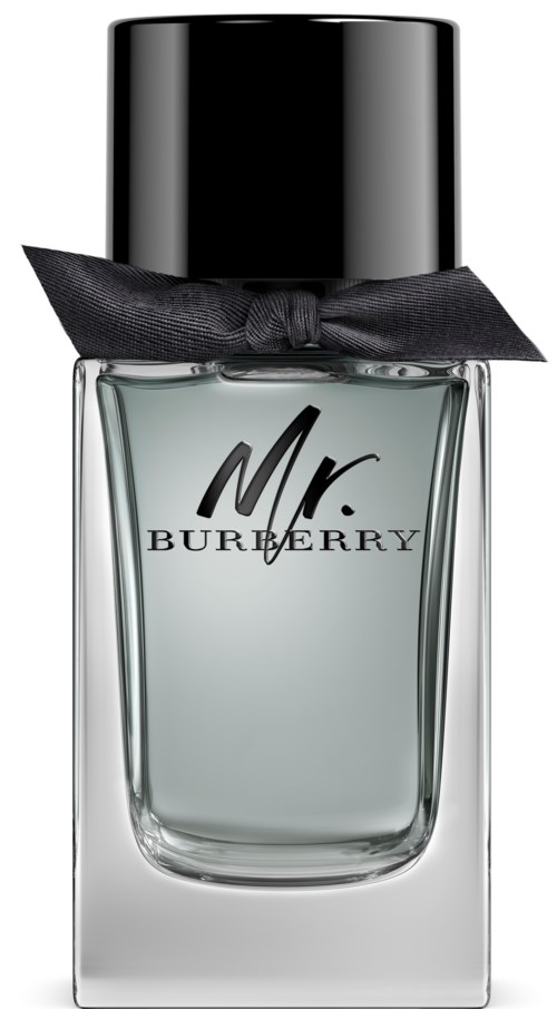 Ein Parfümflasche mit schwarzem Deckel, mit einer schwarzen Schleife gebunden, beschriftet Mr. BURBERRY, durchsichtiges Glas und helles Flüssigkeit.