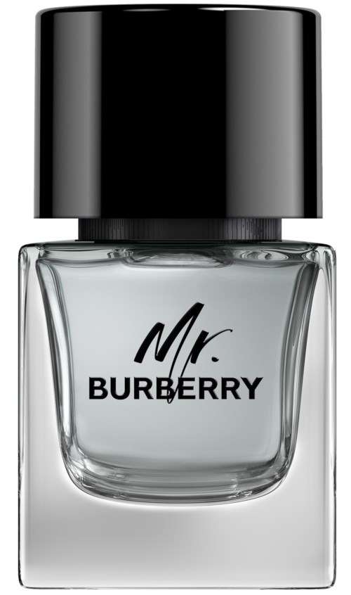 Eine klare Parfümflasche mit schwarzem Deckel und 'Mr. BURBERRY' drauf.