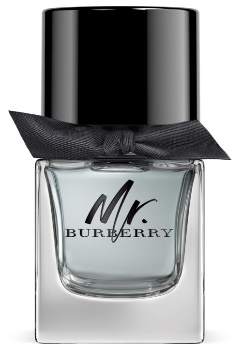 Eine klare Parfümflasche mit schwarzem Deckel und schwarzem Band, beschriftet 'Mr. Burberry.'