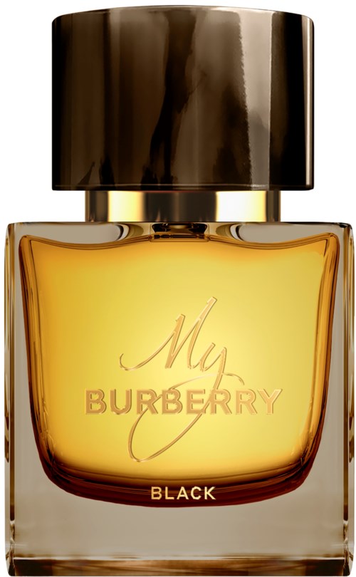 En parfykanna märkt 'My Burberry Black' med guldfärgad kork och gult vätska inuti.