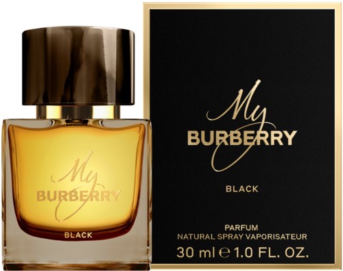 En parfyllåda märkt 'My Burberry Black' bredvid en svart kartong med samma namn och detaljer.