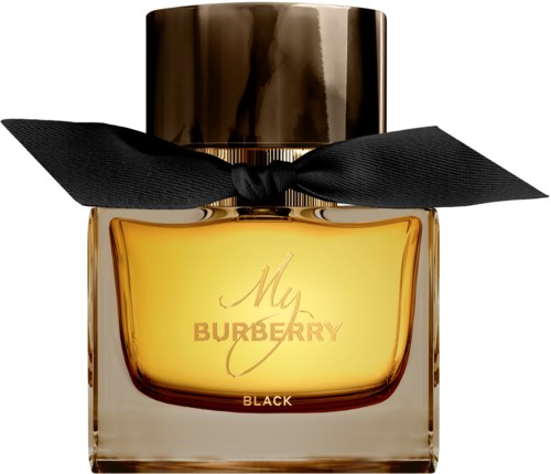 En Burberry-parfymflaska med guldkork, svart band och gult vätska inuti.