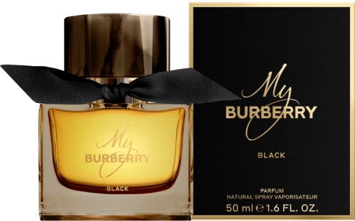 En parfyll瓶 med svart band bredvid en svart box med guldtext för My Burberry Black-parfym.