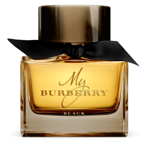En parfyllflaska med svart band och guldmärke, märkt 'My Burberry Black'.