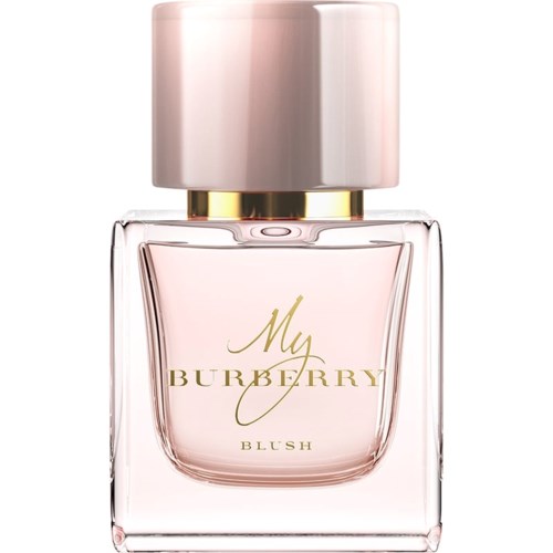 Eine klare Glas-Parfümflasche mit hellrosa Flüssigkeit und rosa Deckel, beschriftet 'My Burberry Blush' in Gold.