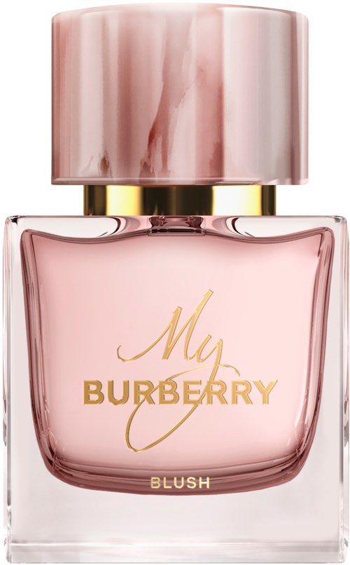 Eine rosa ParfüBottle mit Goldkappe und den Worten "My Burberry Blush".