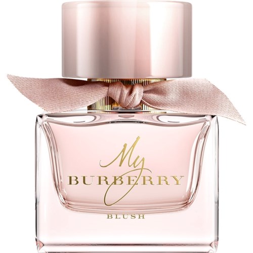 Eine pinke Parfümflasche mit einem Seidenschleife um den Hals, beschriftet 'My Burberry Blush'.