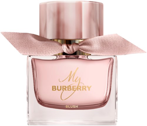 Eine pinkfarbene Flasche mit großem rosa Deckel und pinkem Band, beschriftet Burberry Blush Parfüm.
