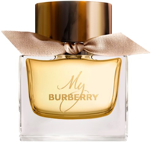 En lyxig parfymflaska med guldkork, beige rosett och gyllene vätska inuti, märkt "My Burberry."