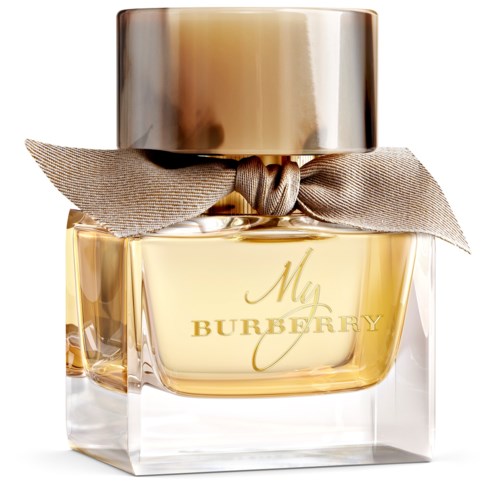 En klar parfyllfärgburk med guldlock, knuten med ett beige band, märkt 'My Burberry' i guldtext.