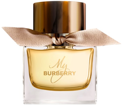 Ein Parfümflasche mit goldenem Deckel und beigem Band, beschriftet 'My Burberry', enthält gelben Duft.