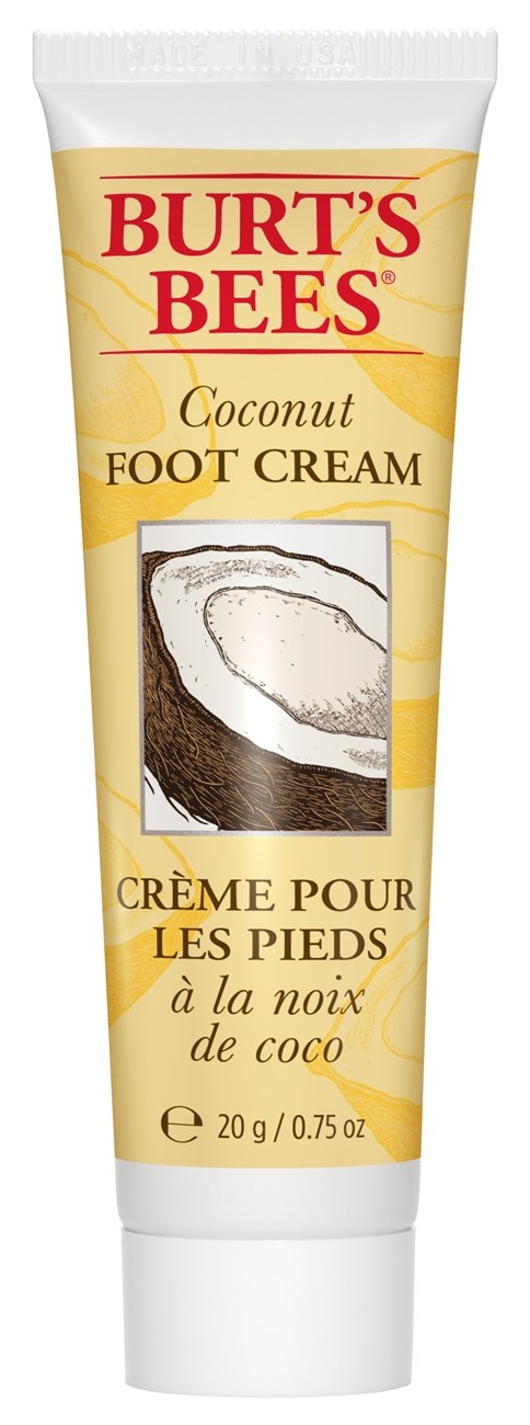 En tub med Burt's Bees kokosfotkräm med kokosbild och märkesnamn.