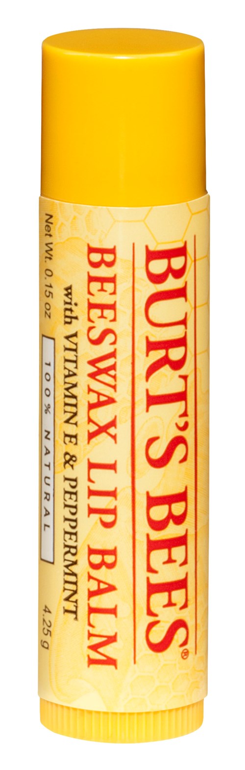 Een gele lippenbalsem stick met label Burt's Bees Beeswax Lip Balm met vitamine E en pepermunt.