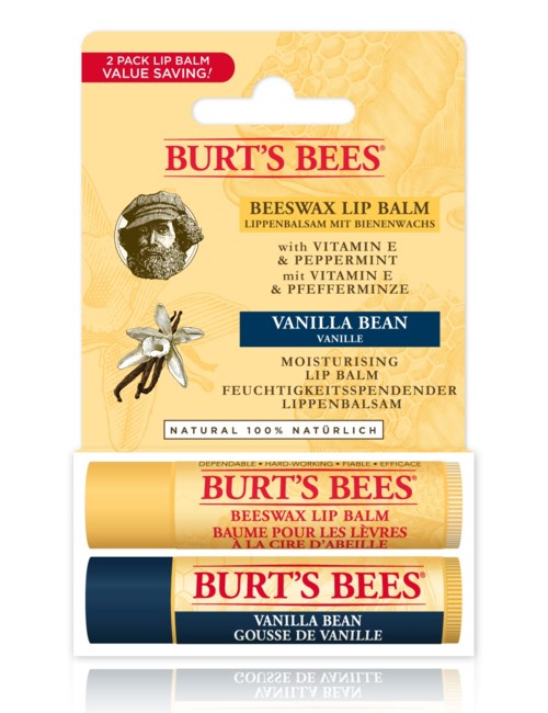 Een Burt's Bees lippenbalsemverpakking met vanilleboon smaak, met bijenillustratie en productdetails.