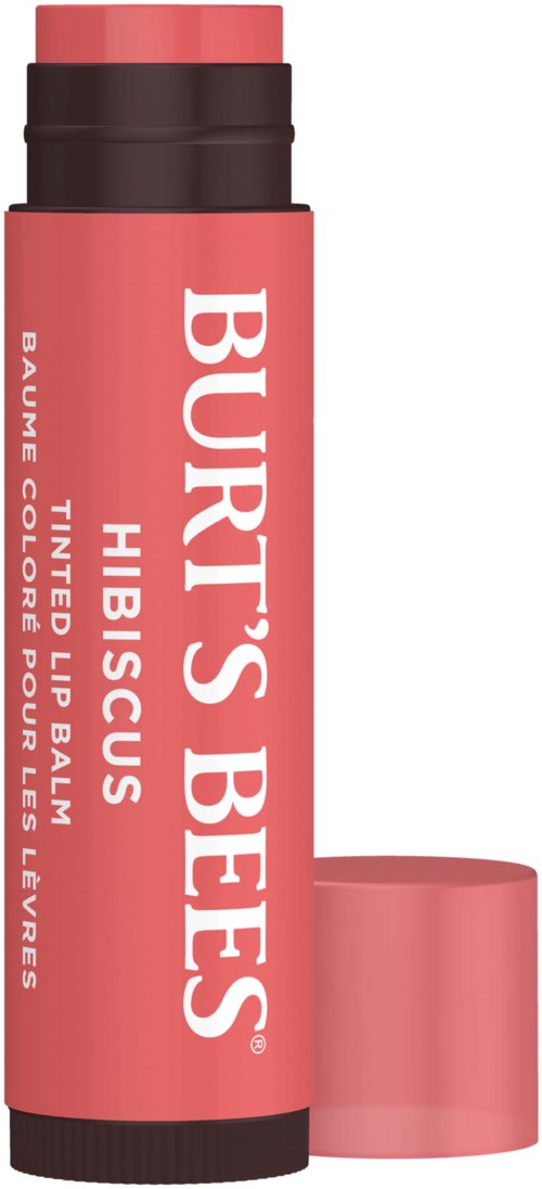 Pinkki Burt's Bees -sävyinen huulipuna, jossa musta pohja ja irtonainen vaaleanpunainen kansi.
