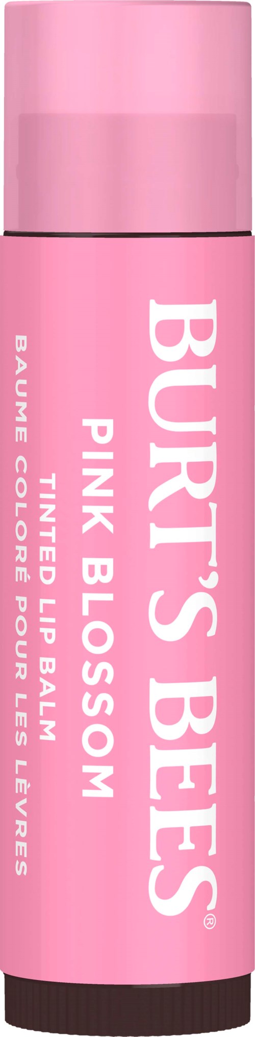 Roze lippenbalsem tube met witte tekst, zegt "BURT'S BEES," "PINK BLOSSOM," en beschrijft het product.