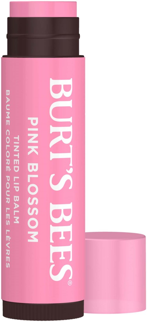 Roze lippenbalsem in een tube met label "Burt's Bees Pink Blossom" en bijpassend deksel.
