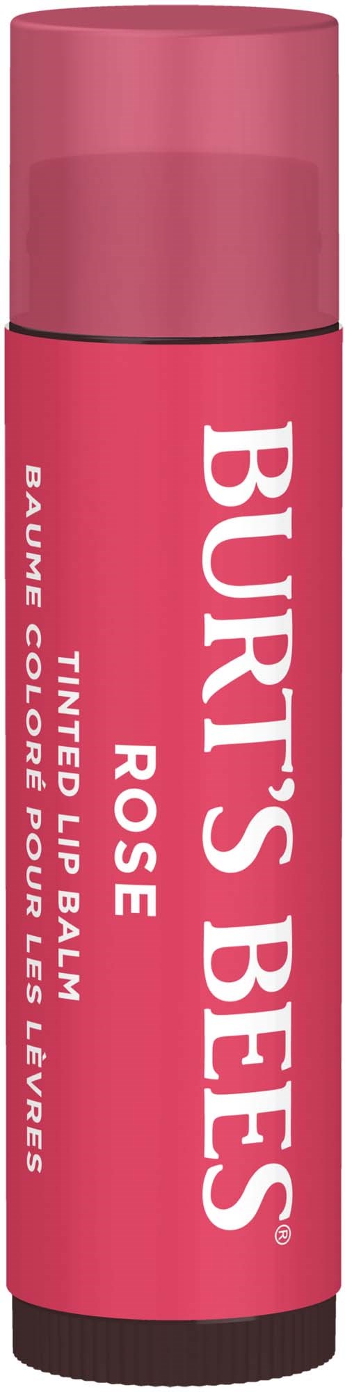 Huulivoideputki pinkissä pakkauksessa, valkoinen teksti Burt's Bees Rose -makuiselle.