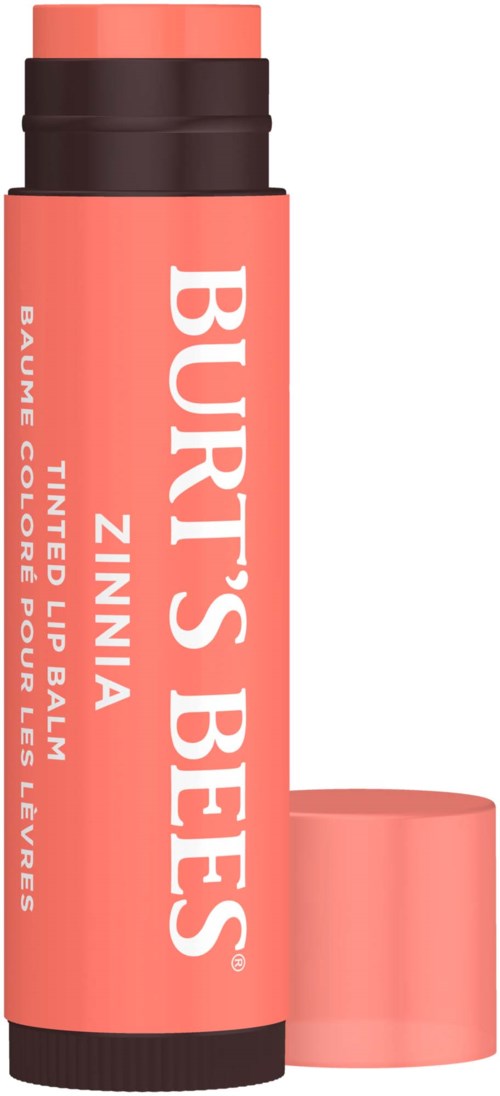 Pinkki huulivoideputeli, merkinnällä 'Burt's Bees Zinnia,' tarkoitettu sävytetyille huulille.