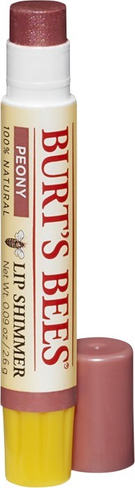 Een Burt's Bees lipglossstift in roze-bruin met een roze dop, gemerkt als Peony.