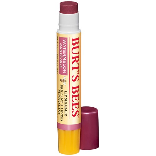 Een tube Burt's Bees Watermelon Lip Shimmer met een roze-violette dop naast de dop.