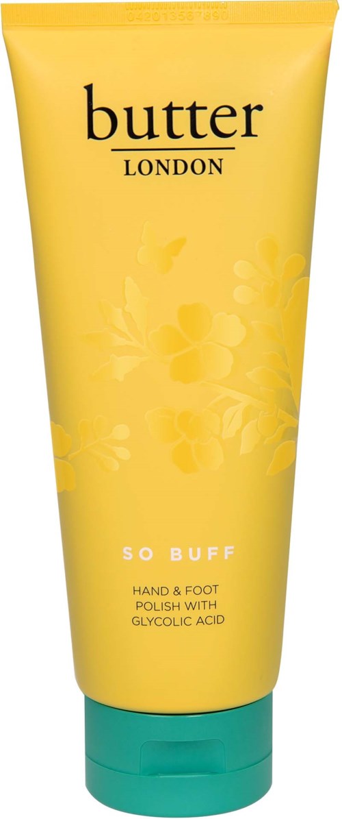 Yellow tube of hand and foot polish with floral design, labeled 'butter LONDON' and 'SO BUFF'.