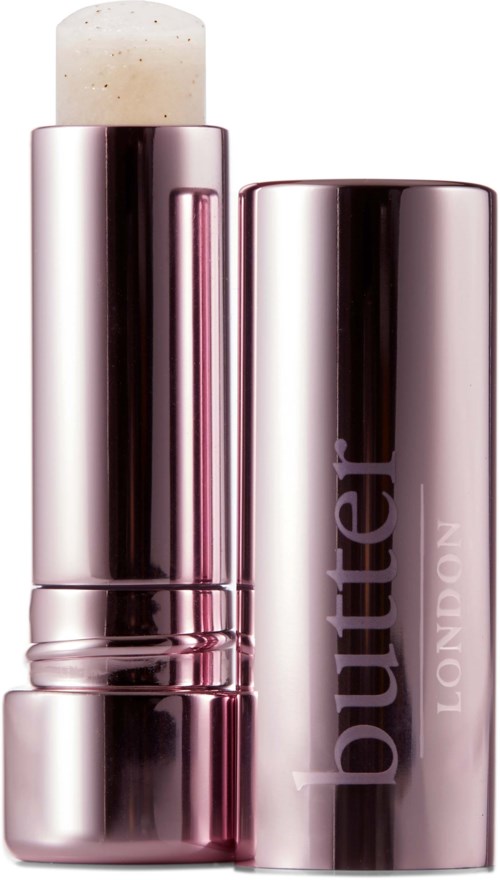 A shiny pink lipstick with a white balm inside, labeled 'butter LONDON'.