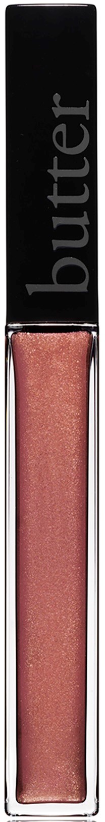 A lip gloss tube with a black cap labeled 'butter' and a shiny pinkish shade.