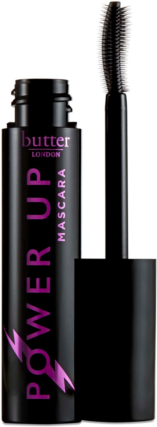 En svart tub mascara med lila och rosa text och blixtsymboler, med öppnat lock och borste.