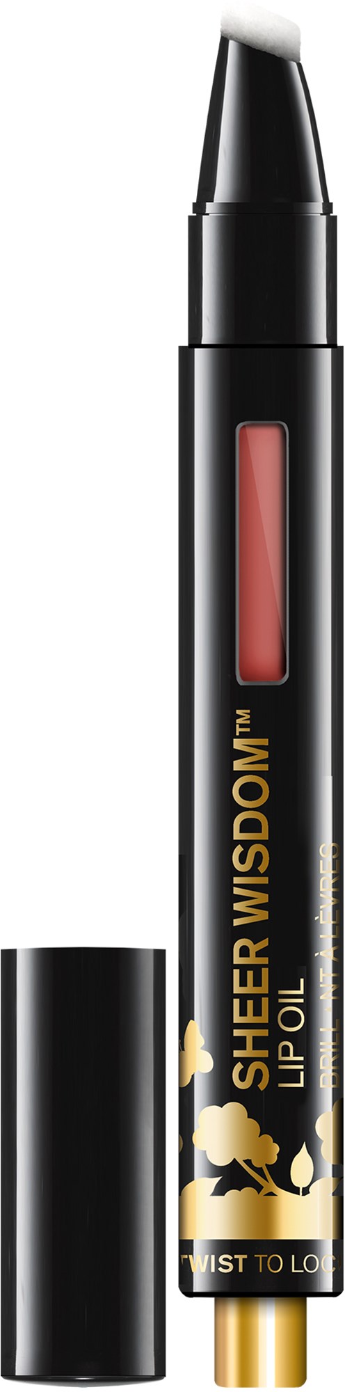 A black lip oil pen with a gold tip and a gold label. The product name is Sheer Wisdom Lip Oil.