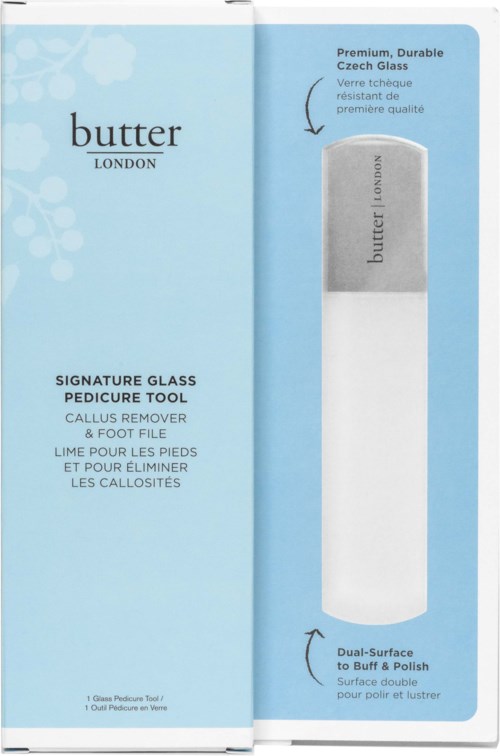 A box with a glass tool for pedicure and foot file, labeled 'butter London' on a blue background.