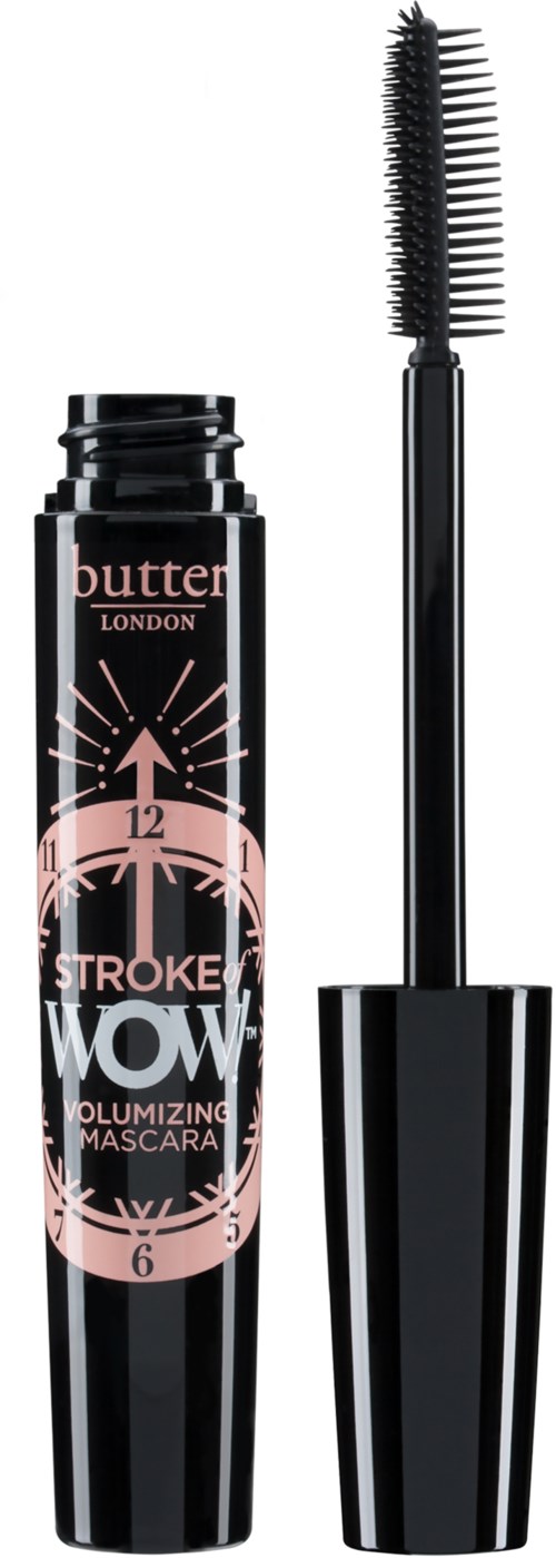 En svart mascara-rör med en borste, märkt 'butter LONDON STROKE WOW Volumizing Mascara.'