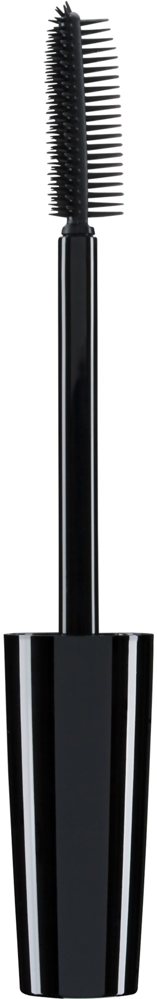 En mascara borste med en böjd borste och svart handtag. Borsten har borst för att applicera mascara på ögonfransarna.
