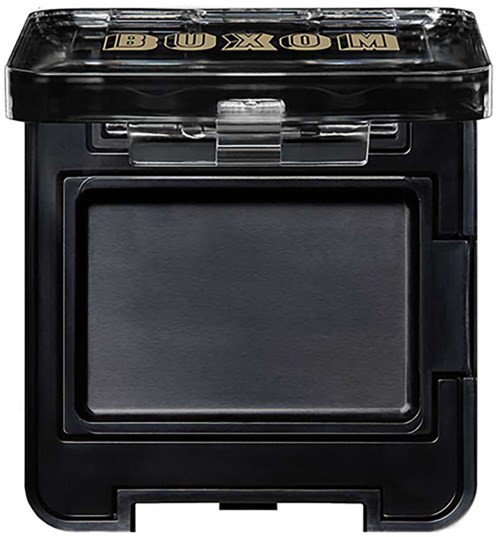 A black compact makeup or storage box with a clear lid and the word 'BUXOM' on top.