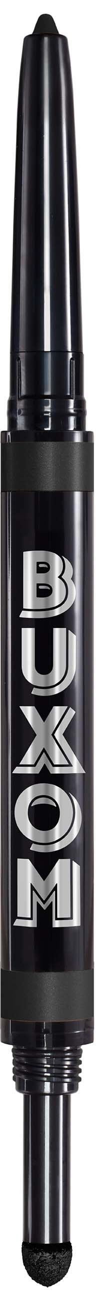 A black and silver pen with the word 'BUXOM' on it, standing vertically.