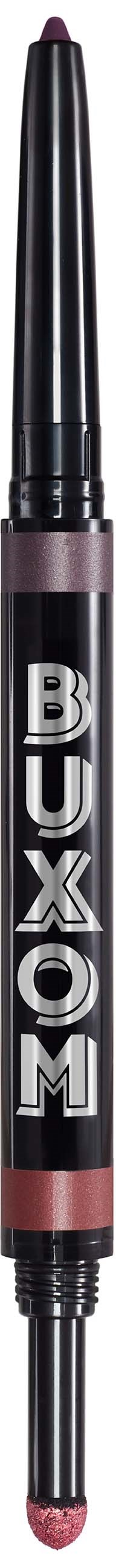 A black and silver makeup pencil with the word 'BUXOM' written on it, with pinkish shades at both ends.