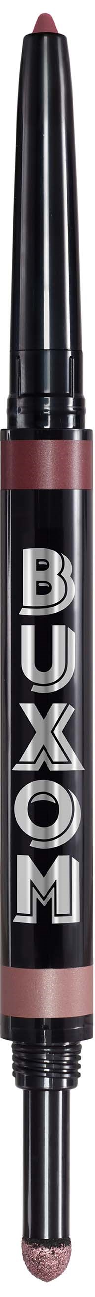 A dual-ended makeup stick with a black base and text 'BUXOM' in silver, featuring a brush at one end.
