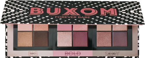 Colorful eyeshadow palette with five shades, labeled 'Buxom,' and the phrase 'Forever Babe' on the packaging.