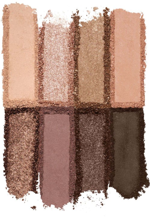 A set of six eyeshadow colors in neutral shades, arranged from light to dark, in a rectangular palette.